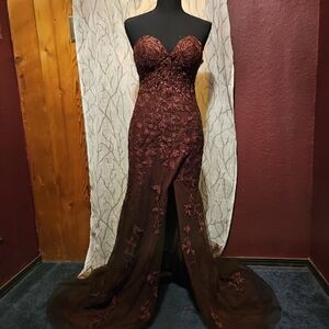 Hebeos Strapless Chocolate Lace Evening Gown with Floral Applique jewels